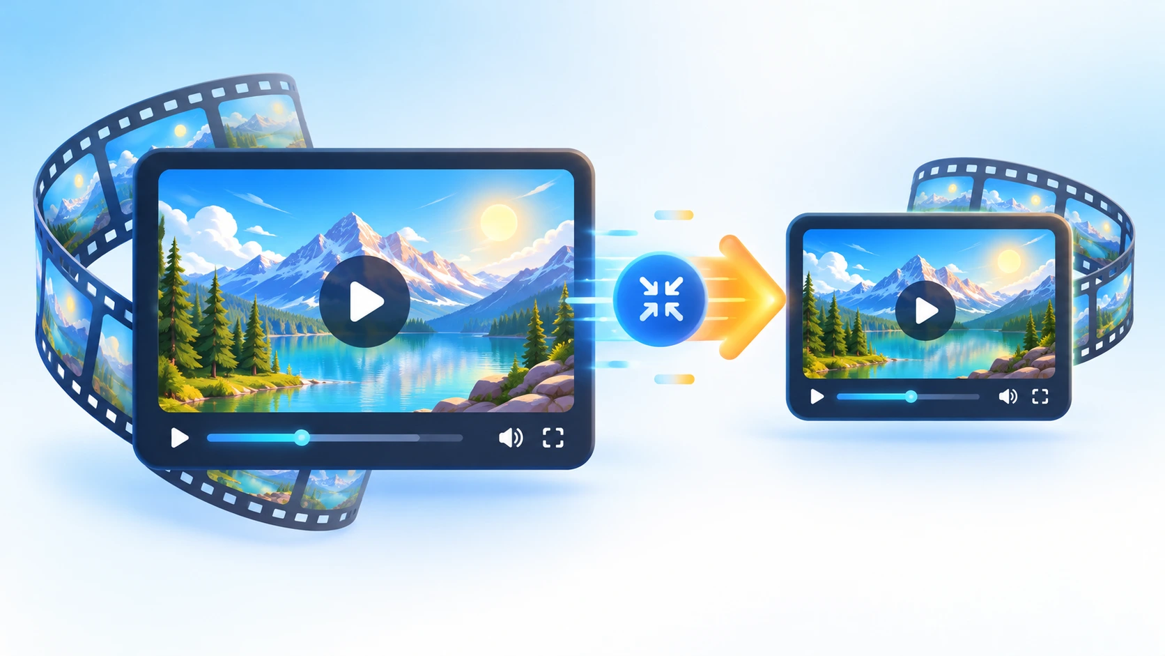 A large video file icon being compressed into a smaller file with a clear video frame