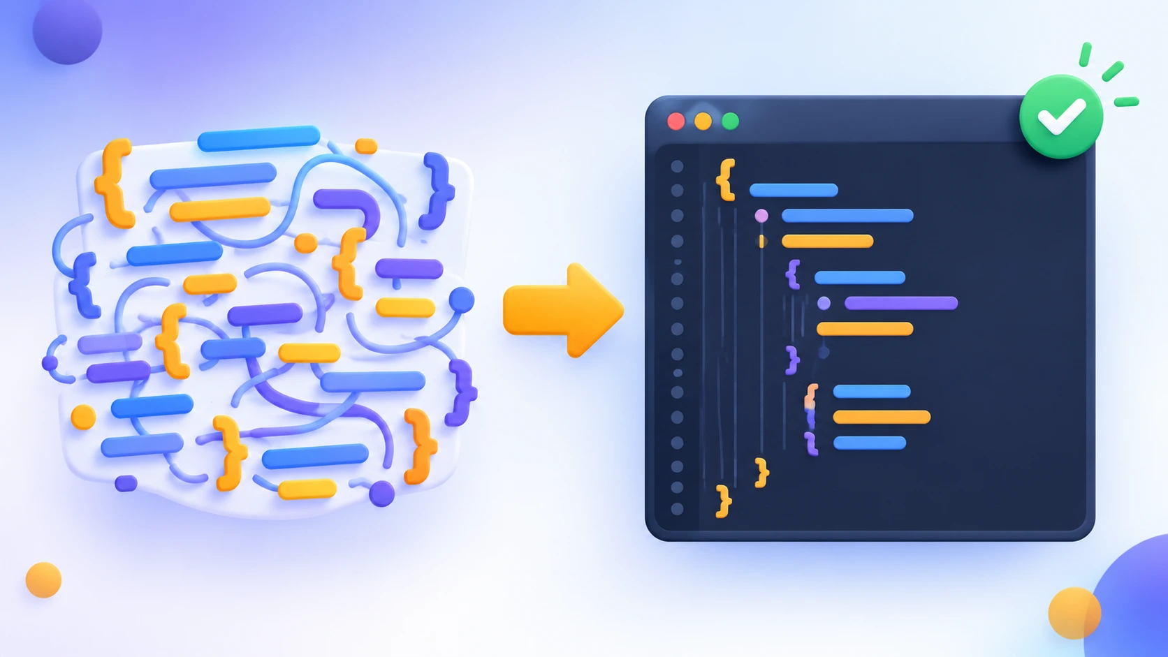 Messy JSON code transforming into neatly indented, readable JSON
